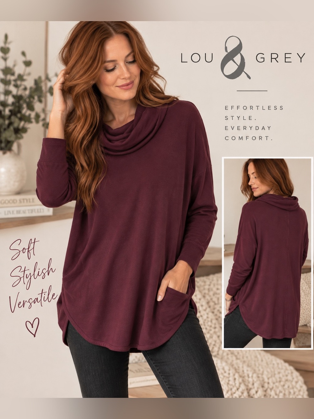 Lou & Grey | Wine | Cowl Neck | Long-Sleeve Pullover | Size Small